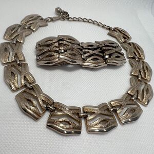 Vintage Silver Tone Statement Necklace Bracelet Set Textured Geometric Art Deco‎